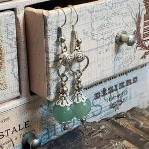 Green Malaysian Jade Gemstone Lacy Trim Silver Carved Rose Handcrafted Earrings